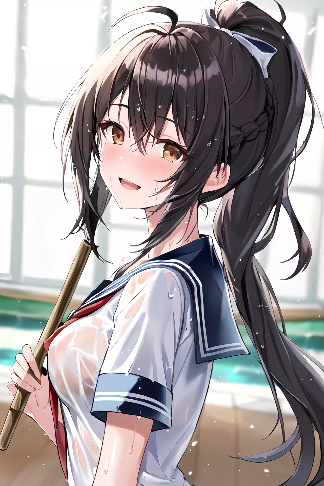 プール掃除でびしょ濡れな女の子