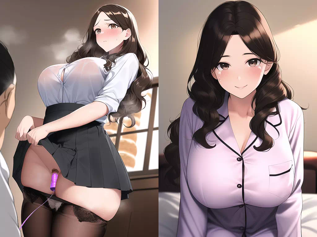 即オチ２コマ風イラスト033・茶髪ロングで亭主想いな巨乳パート妻