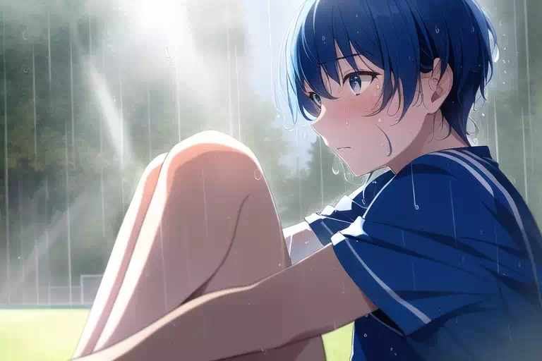 雨にうたれるサッカー少年