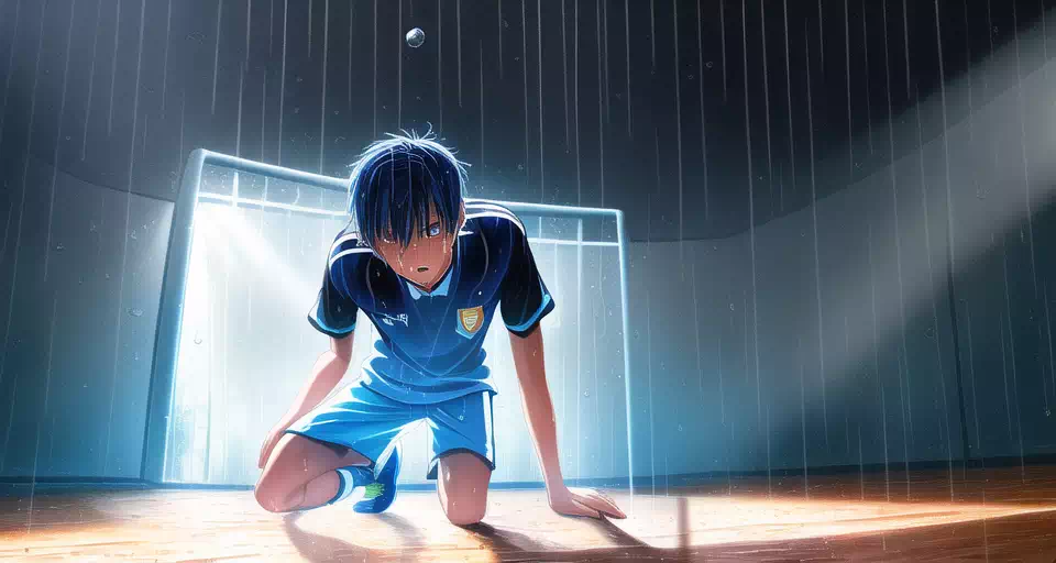 雨にうたれるサッカー少年