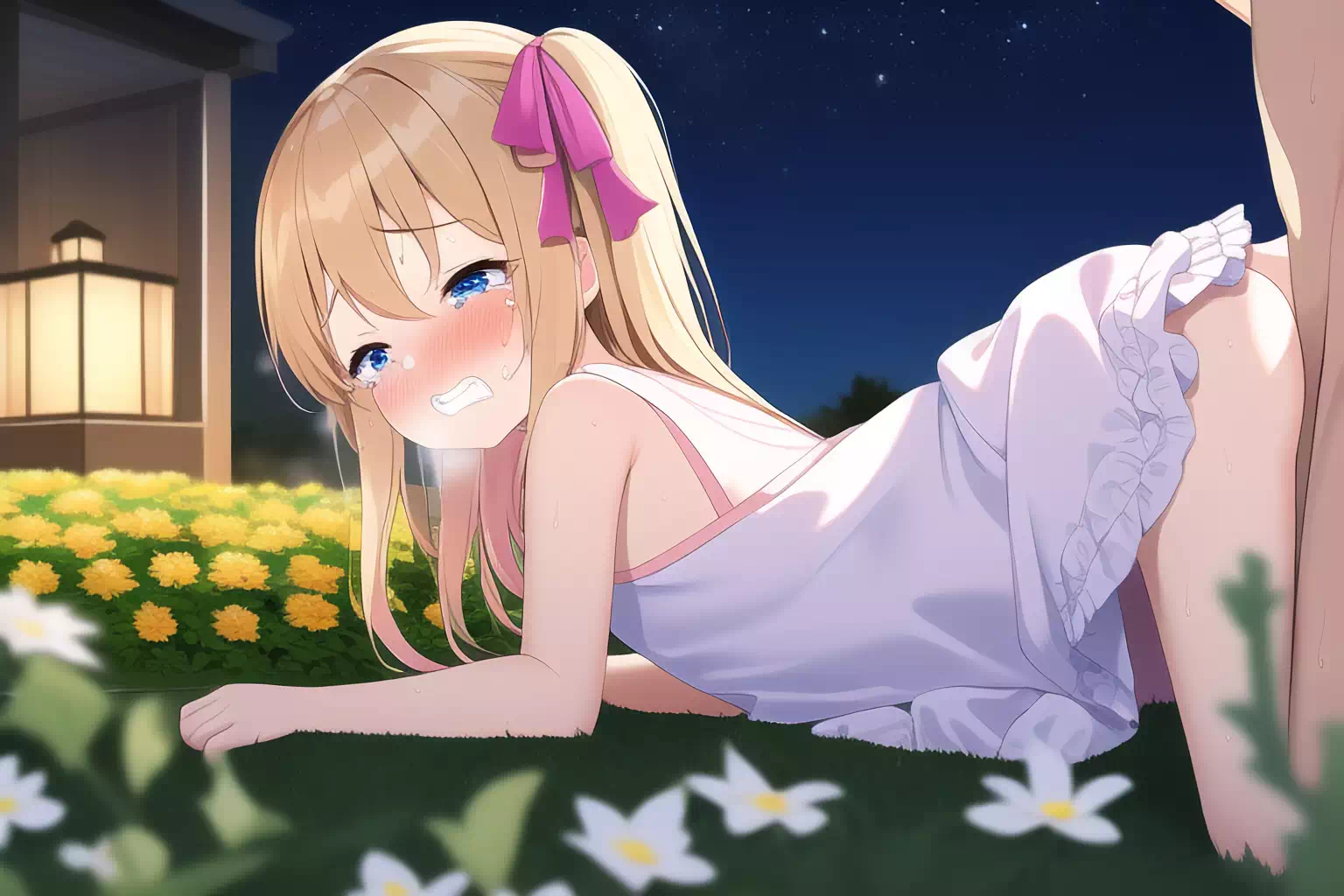 夜のお花畑の金髪少女