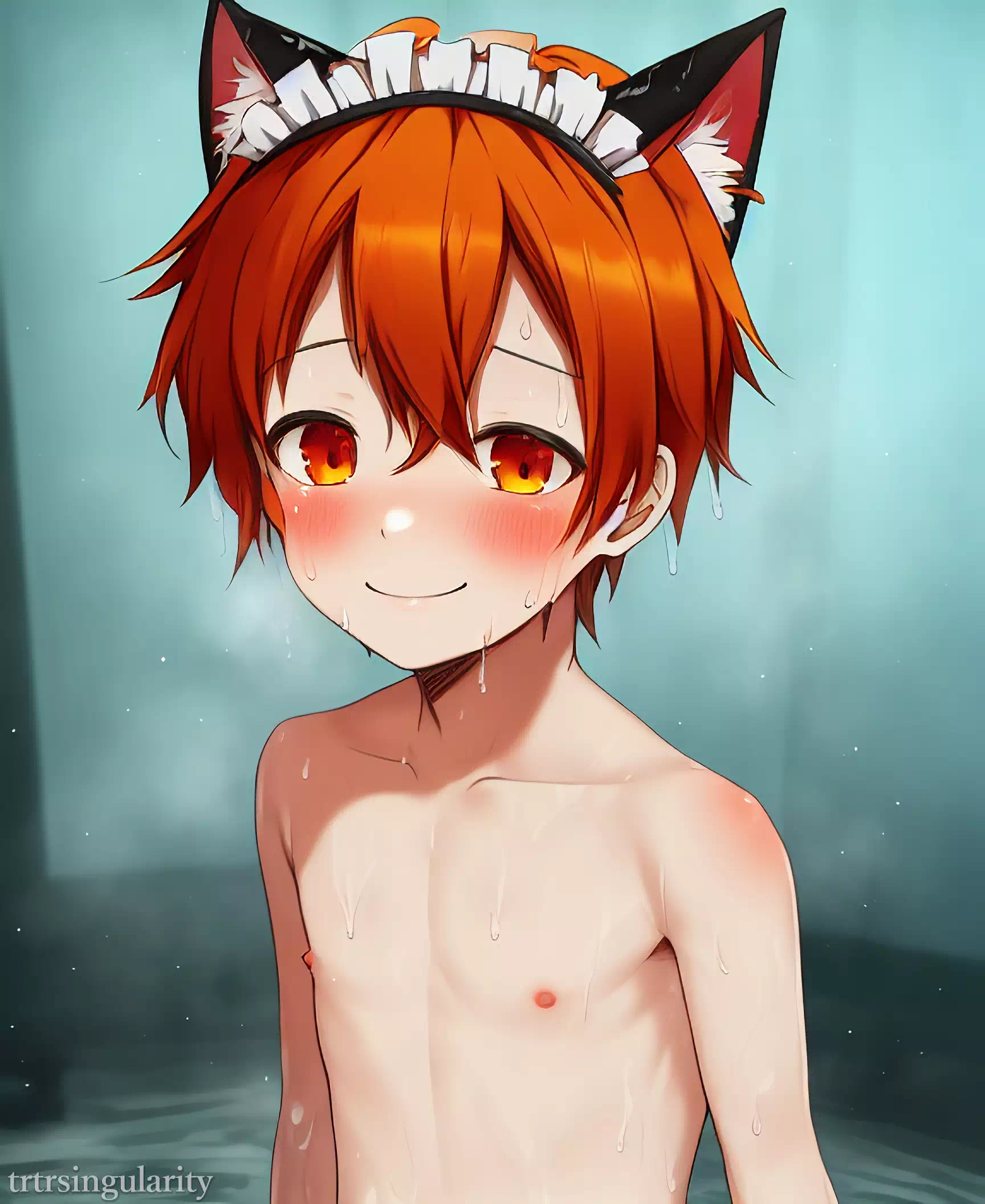 入浴中のネコ耳メイドオレンジ髪美ショタ