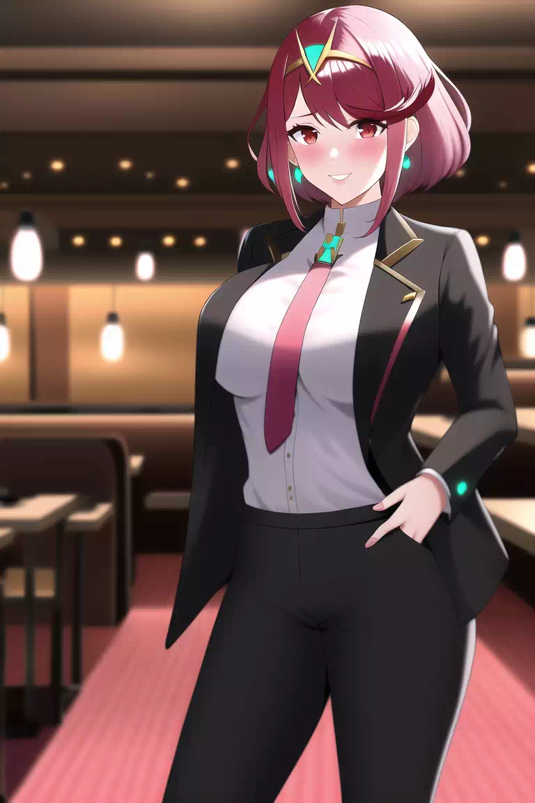Pyra Homura in a suit