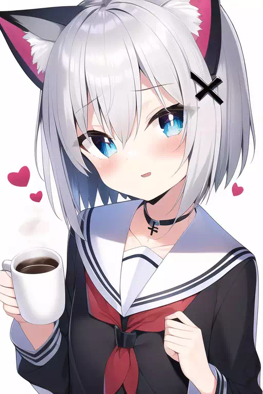 コーヒー飲む銀髪ネコ耳ショート女の子
