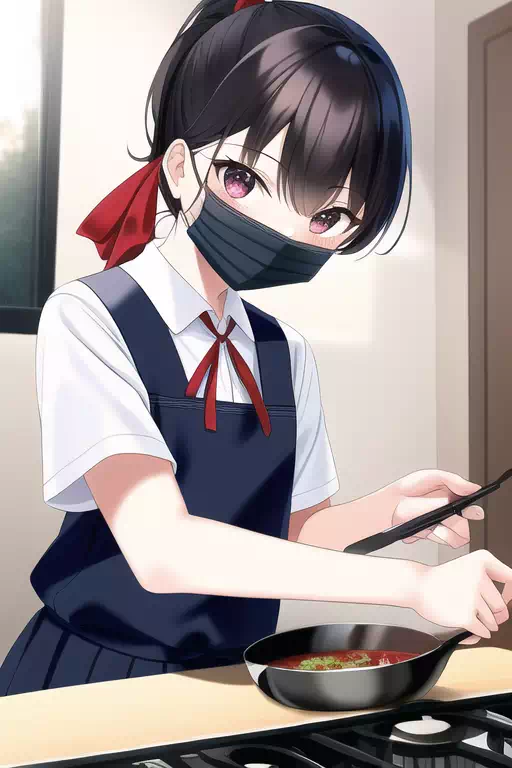 マスクをして料理してる女子高生