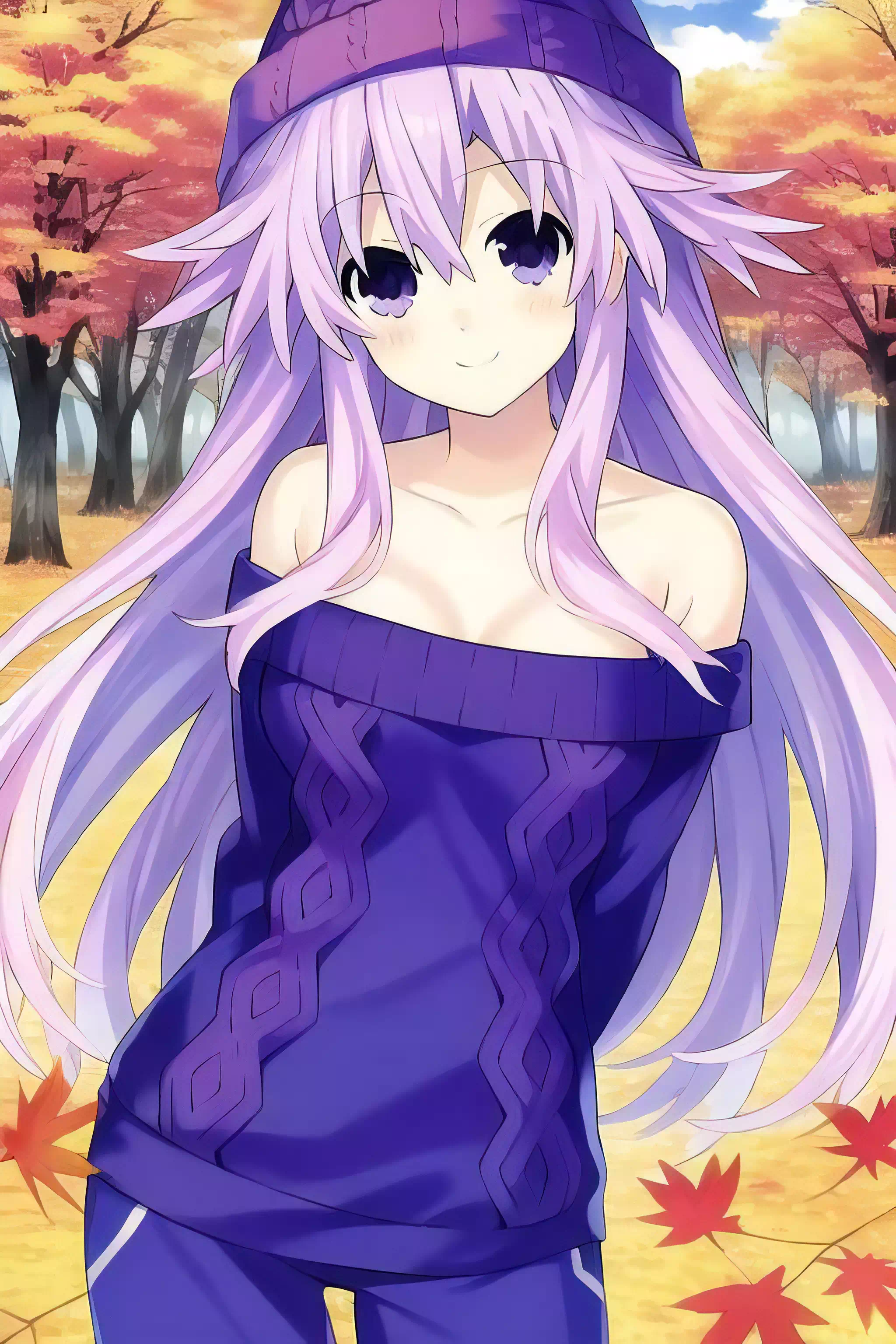 秋の公園で全身紫コーデを披露する大人ネプテューヌ