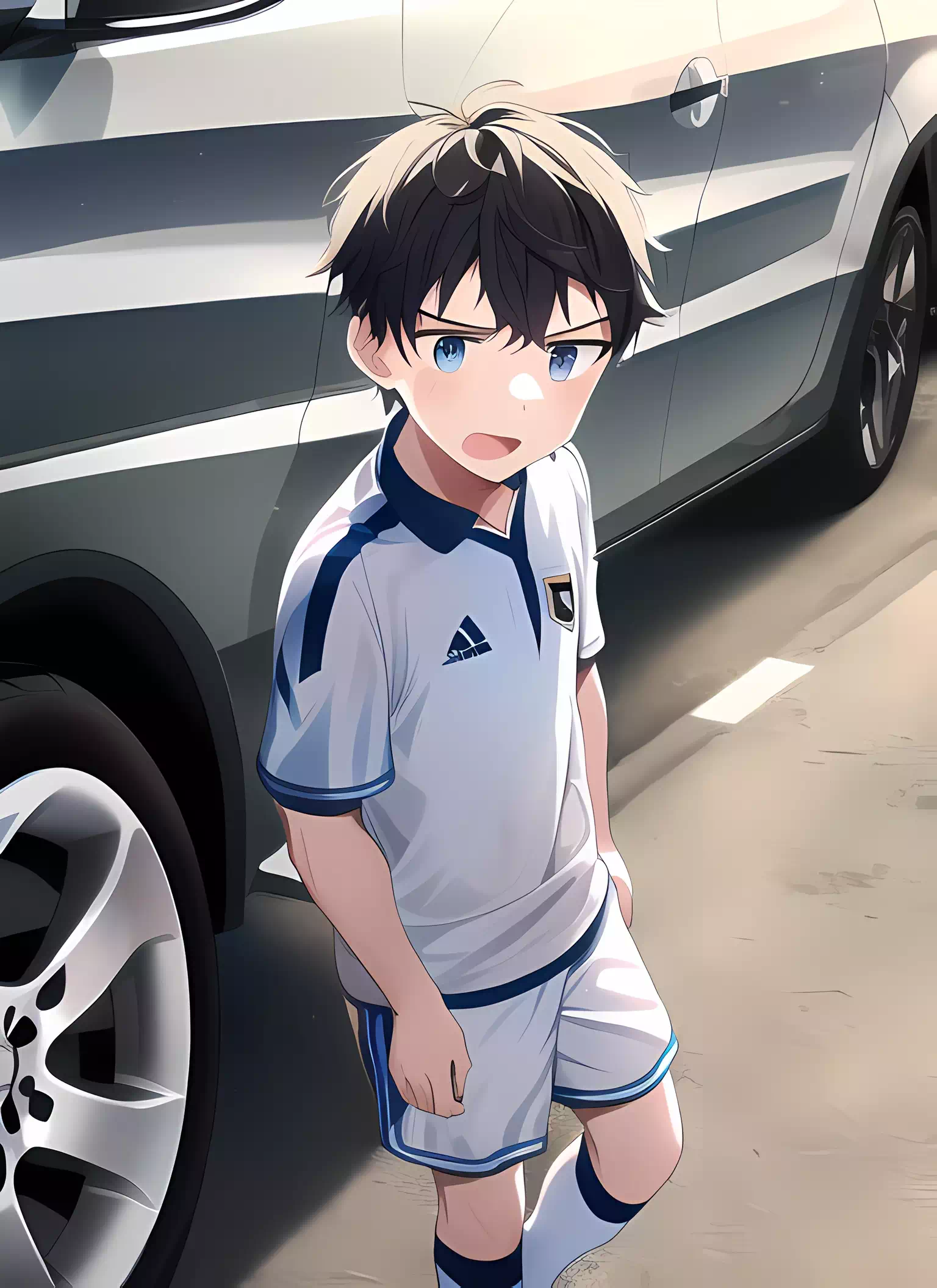 Soccer boy in a parking lot