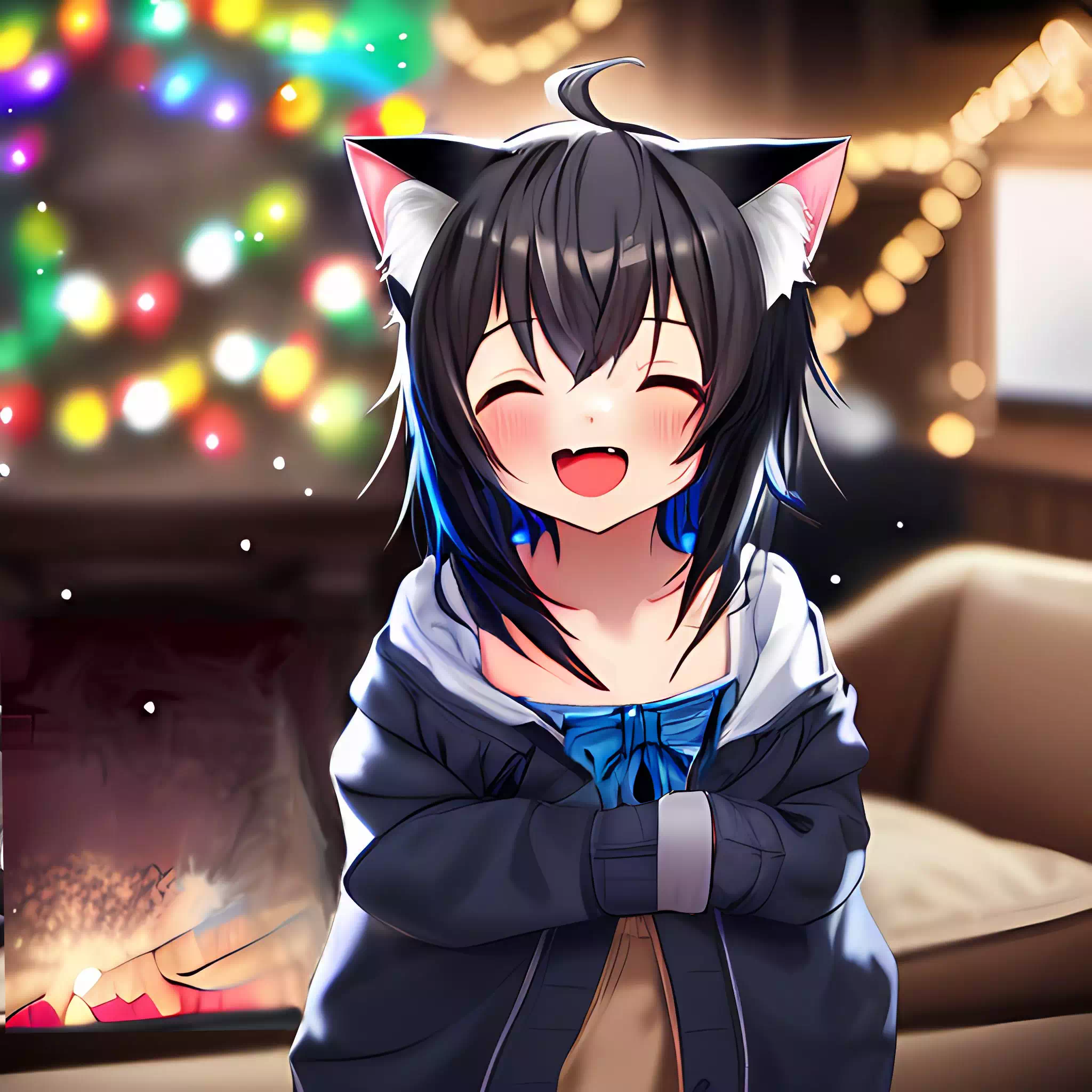 happy catgirl by fireplace