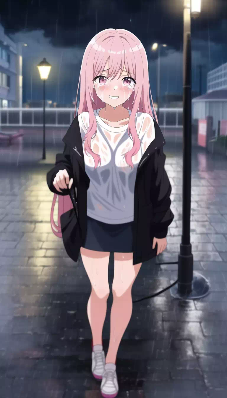 Pink haired girl in the rain