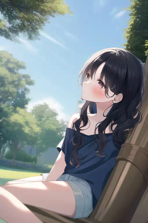 黒髪の美少女が公園の物にもたれたり横になって休む。