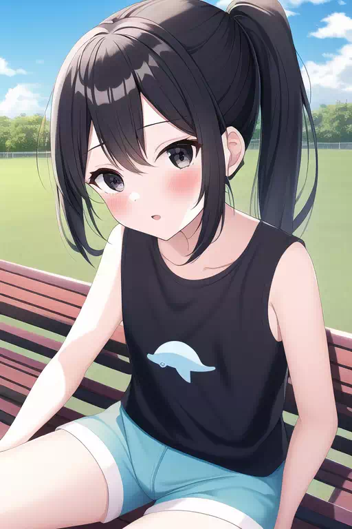 黒髪の美少女が公園のベンチに座って休む(3)
