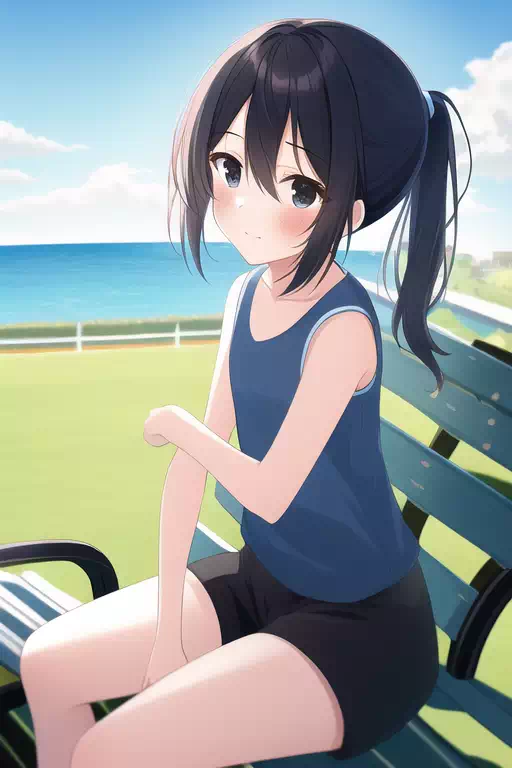 黒髪の美少女が公園のベンチに座って休む (4)