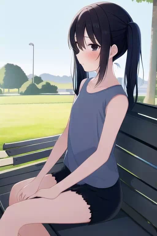 黒髪の美少女が公園のベンチに座って休む(6)