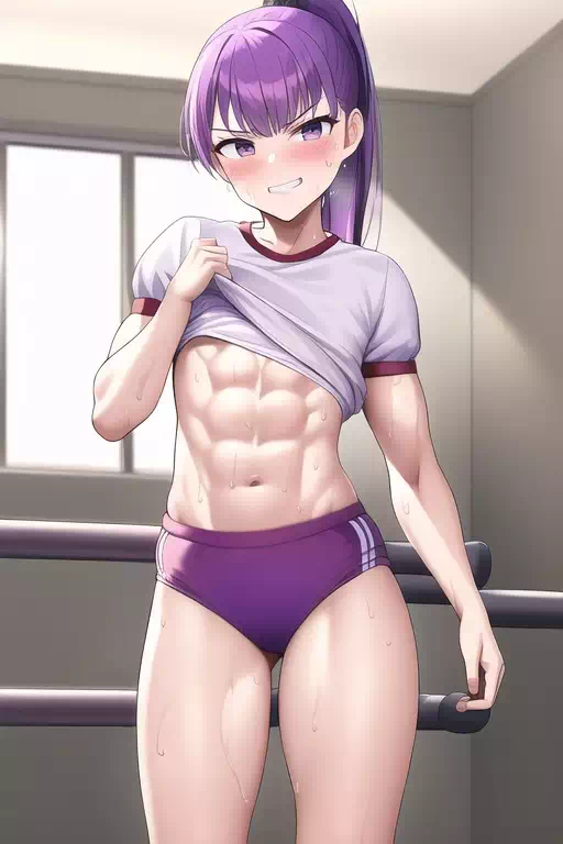 Purple hair gym girl showing abs