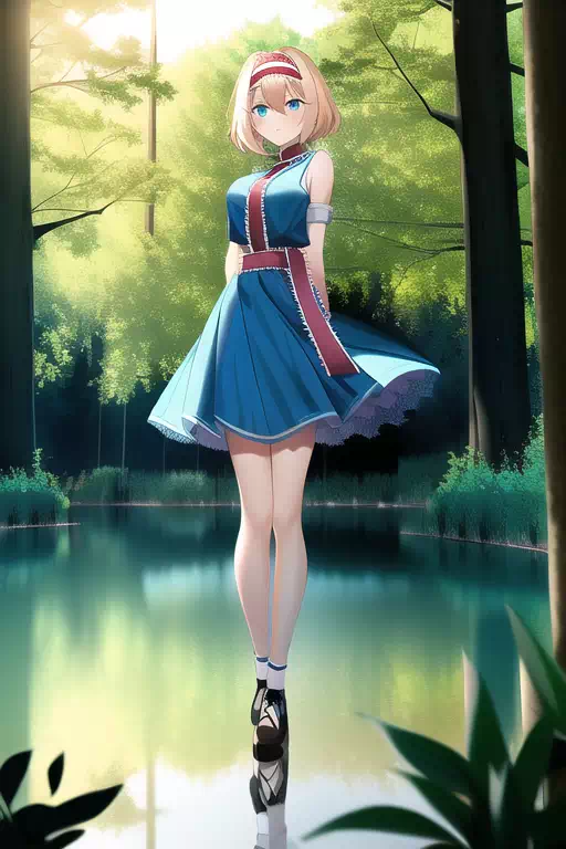 森の泉の上に立つアリス