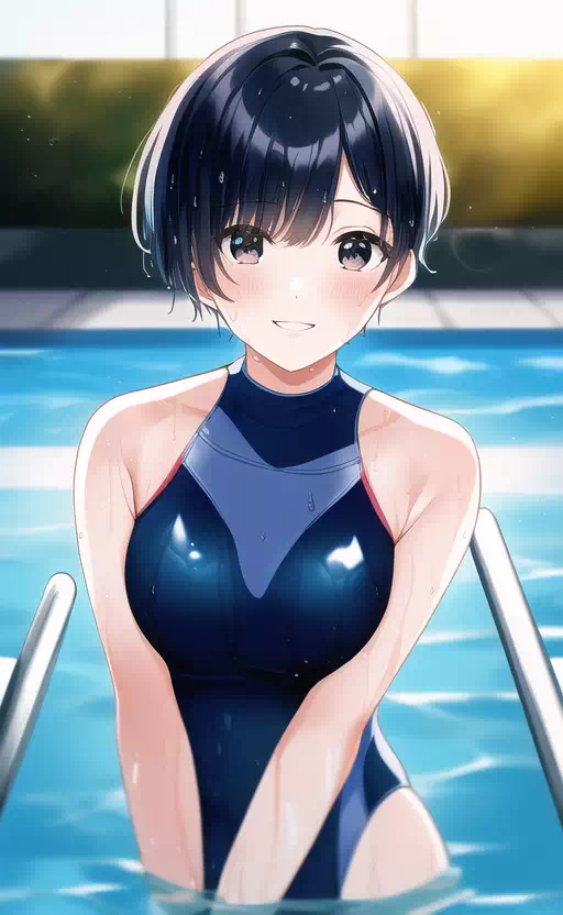Blue short hair girl swimming