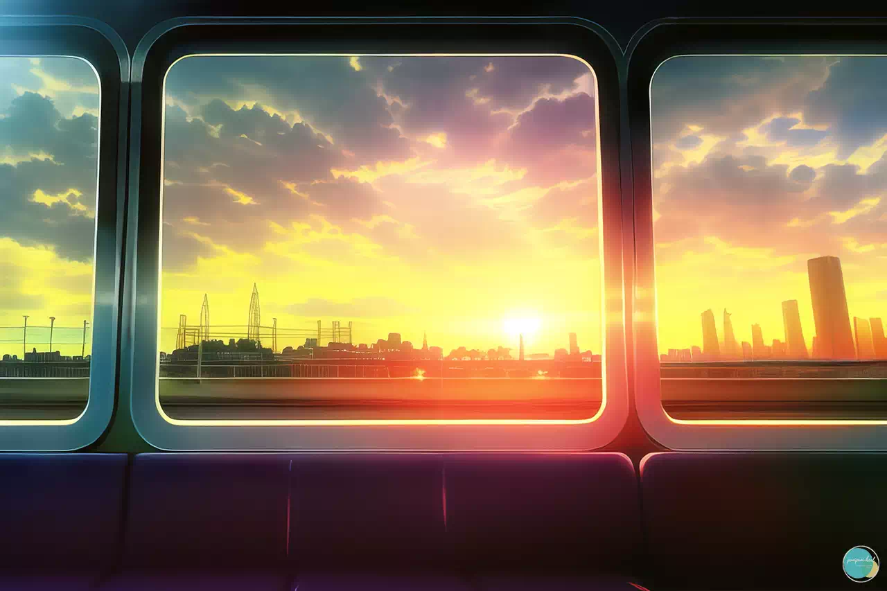『車窓からの夕日』