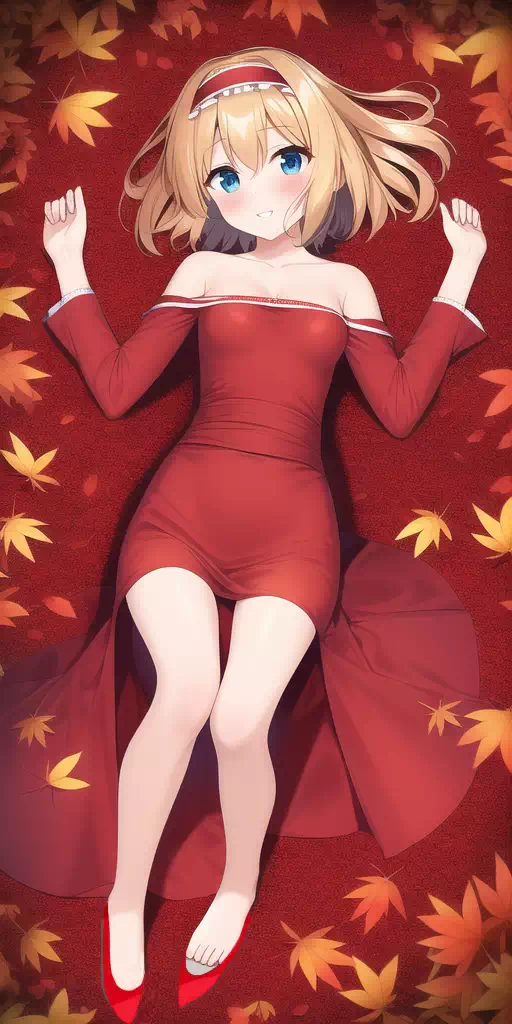 【AI絵改】秋葉に横になっているアリスちゃん