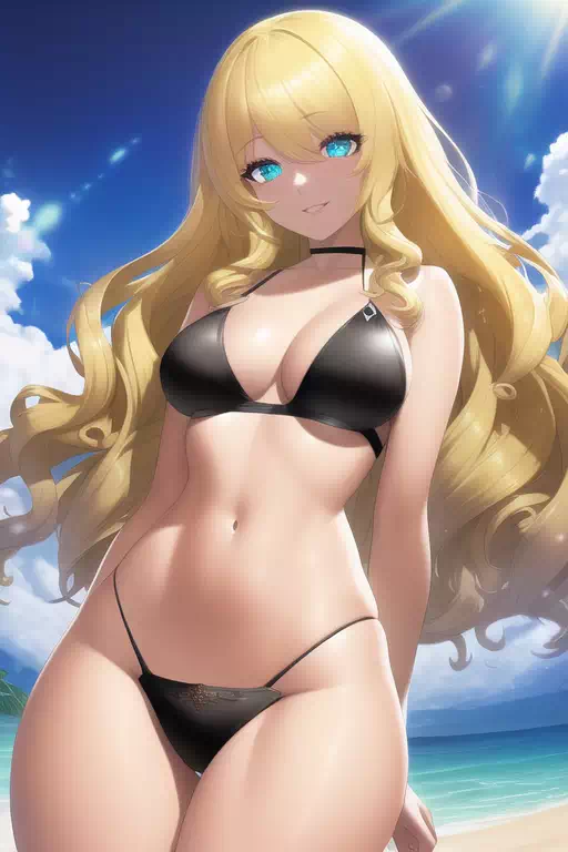 Shining blonde black bikini