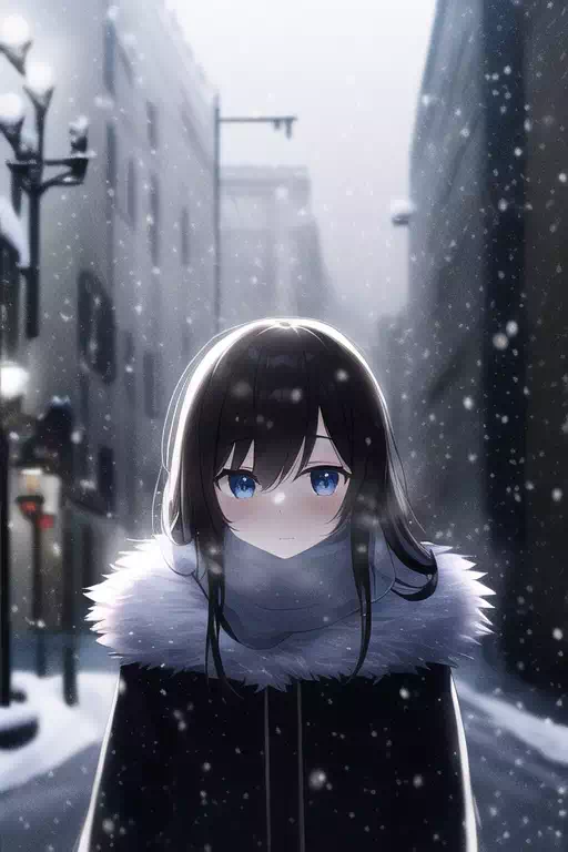 雪の降る街並みにいる女の子