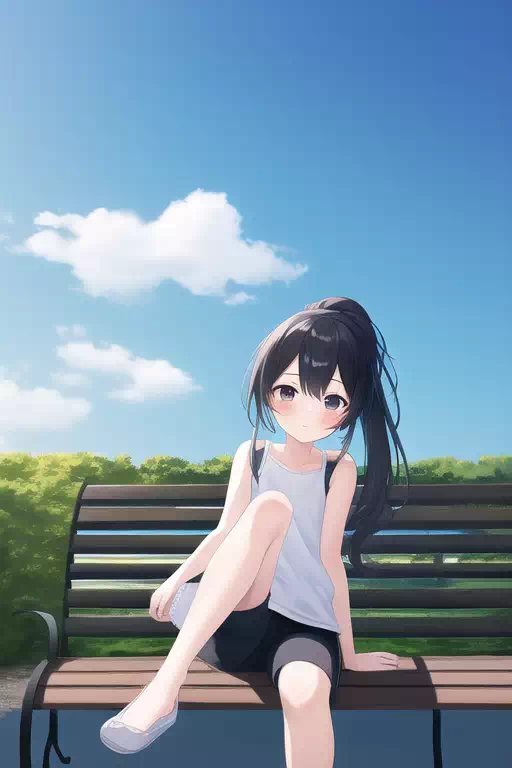 黒髪の美少女が公園のベンチに座って休む(2)