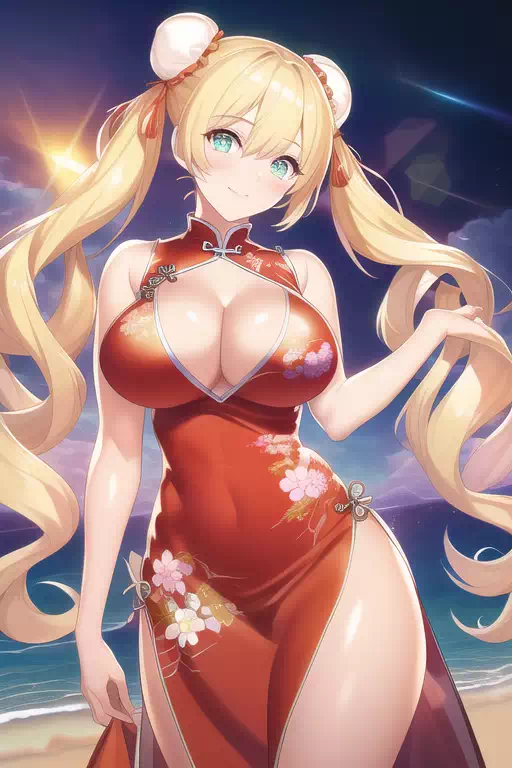 Red chinese dress twintail blond