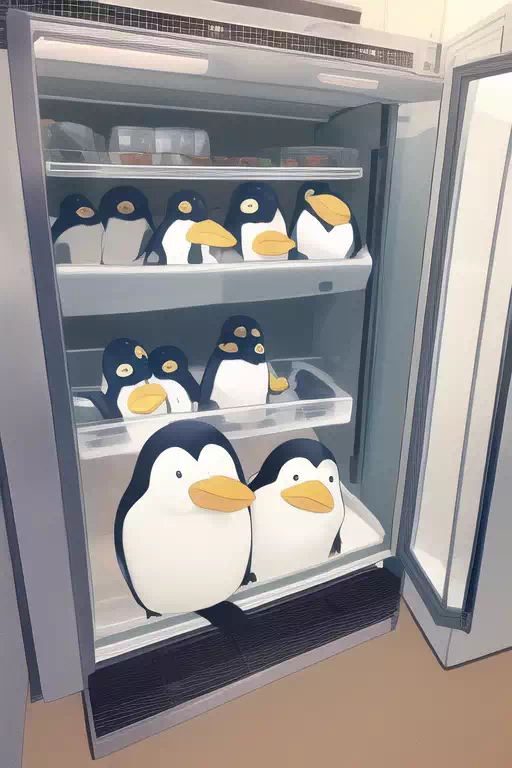 業務用冷蔵庫の中にいるペンギン