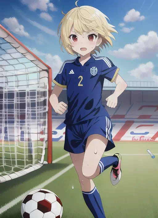 サッカー場でサッカーをする少女 (1)