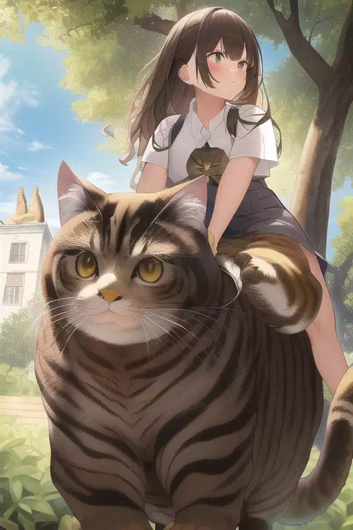 女の子を背に乗せるとても大きな猫