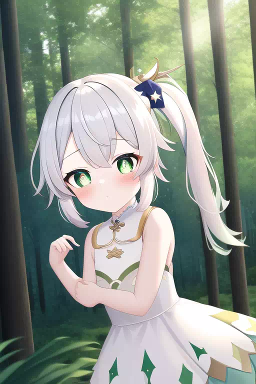 美しい白髪の少女が森の中にいます。(1)