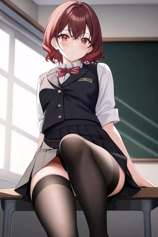 教室での赤髪ショート、赤目の少女 1