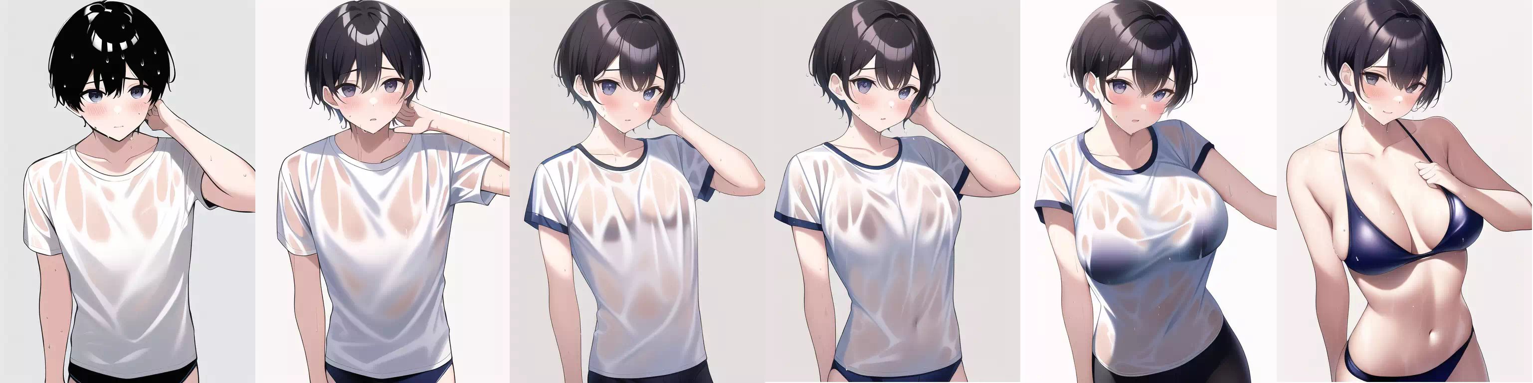 濡れTシャツの少年→水着の女性TSF