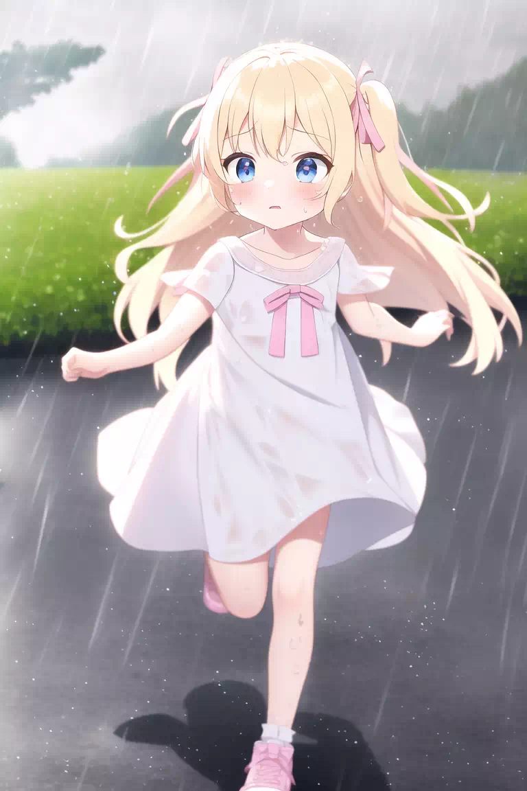 突然の雨に慌てる金髪少女