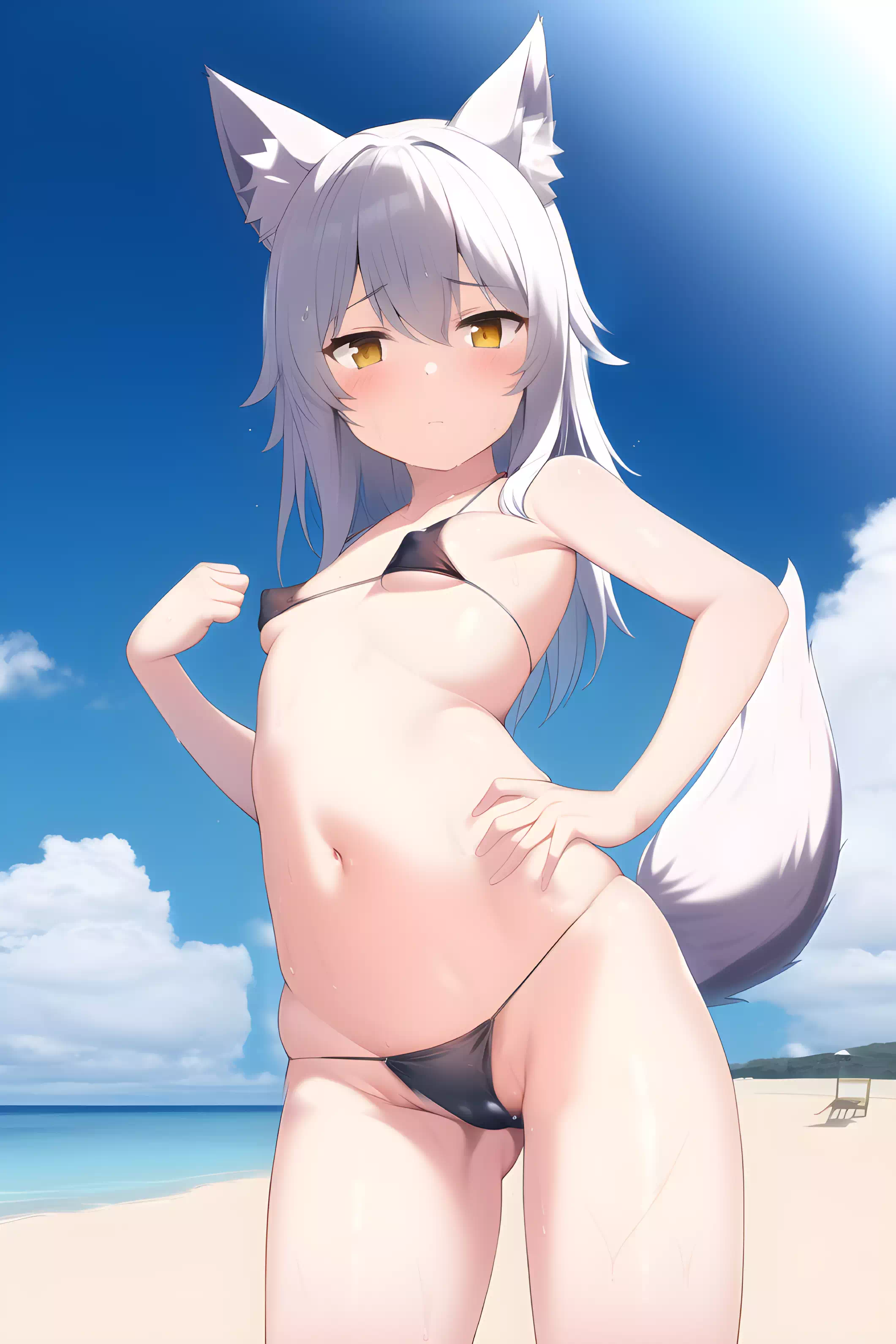 Good wolf at the beach.