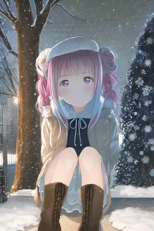 コートを着て雪の降る街での少女 1