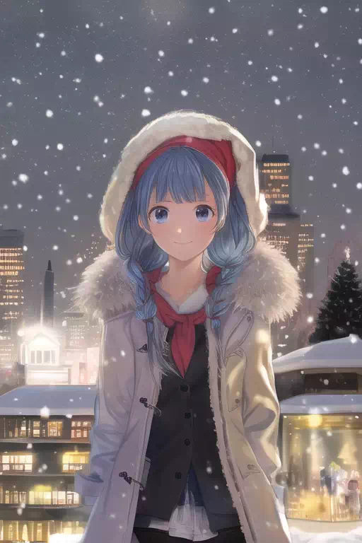 コートを着て雪の降る街での少女 2