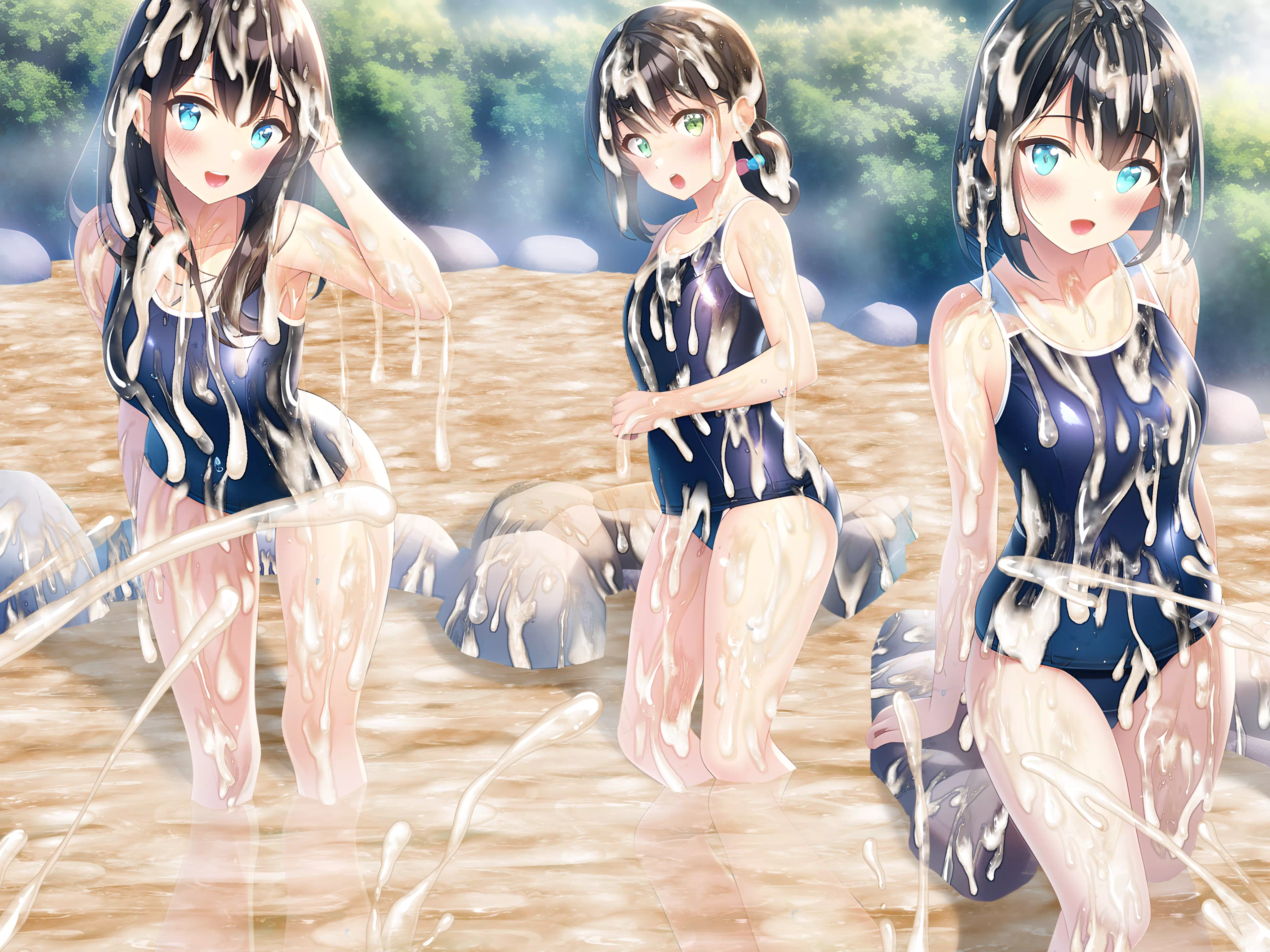 秘湯白濁温泉で戯れるスク水少女たち