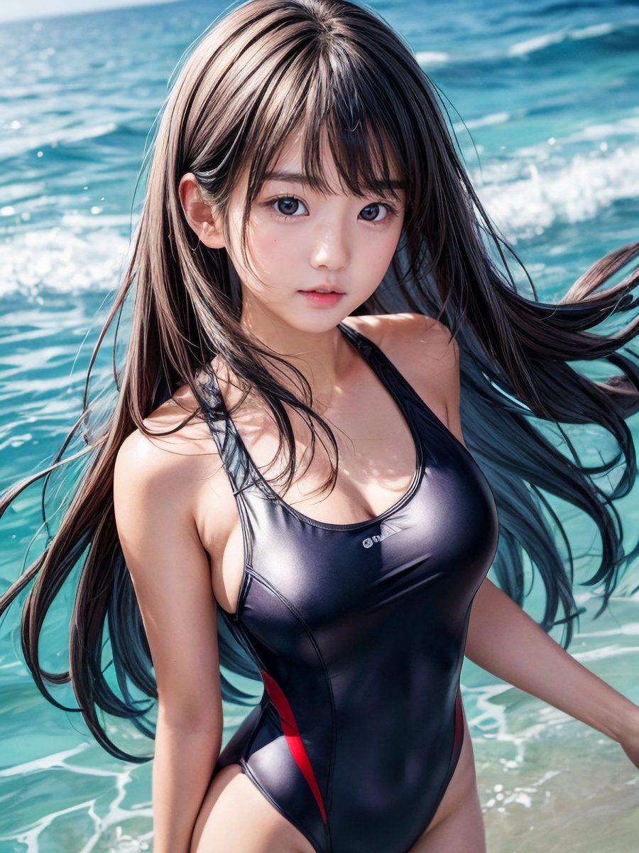 黒髪ロングヘアAI女子さんの水着から見える程よいおっぱいサイズの胸の谷間