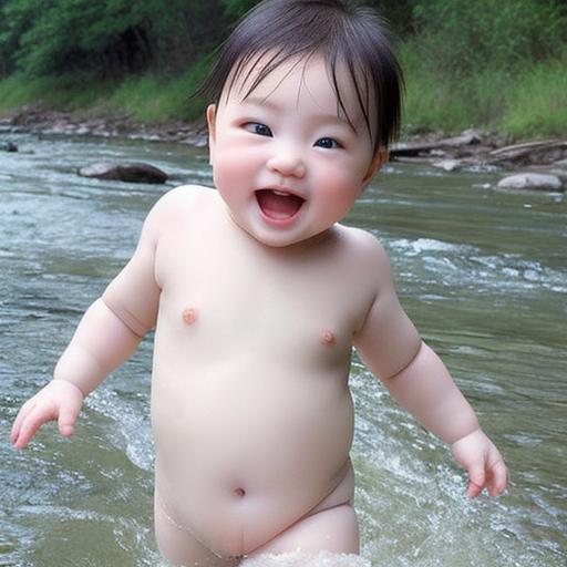 川で遊ぶ裸の赤ちゃん