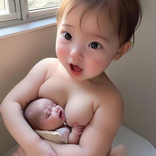 赤ちゃんに授乳する幼児