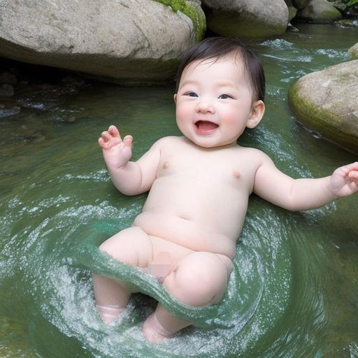 川で遊ぶ裸の幼児