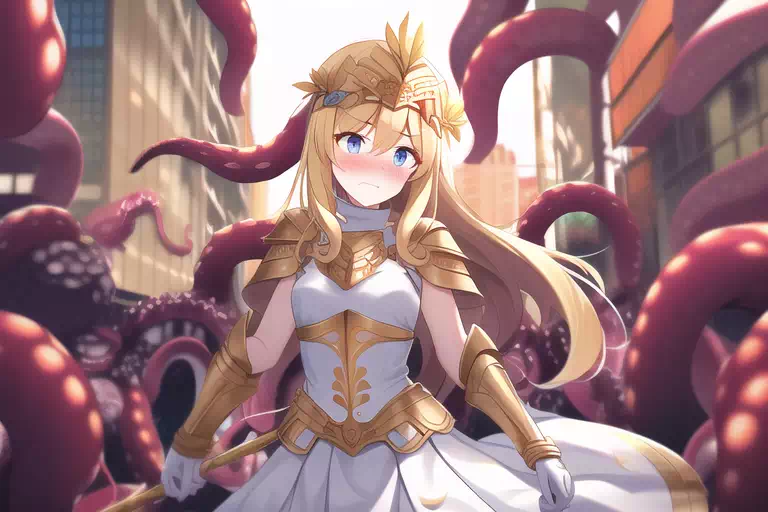 AIに触手に追い込まれるJKが変身した女神アテナを描いてもらう