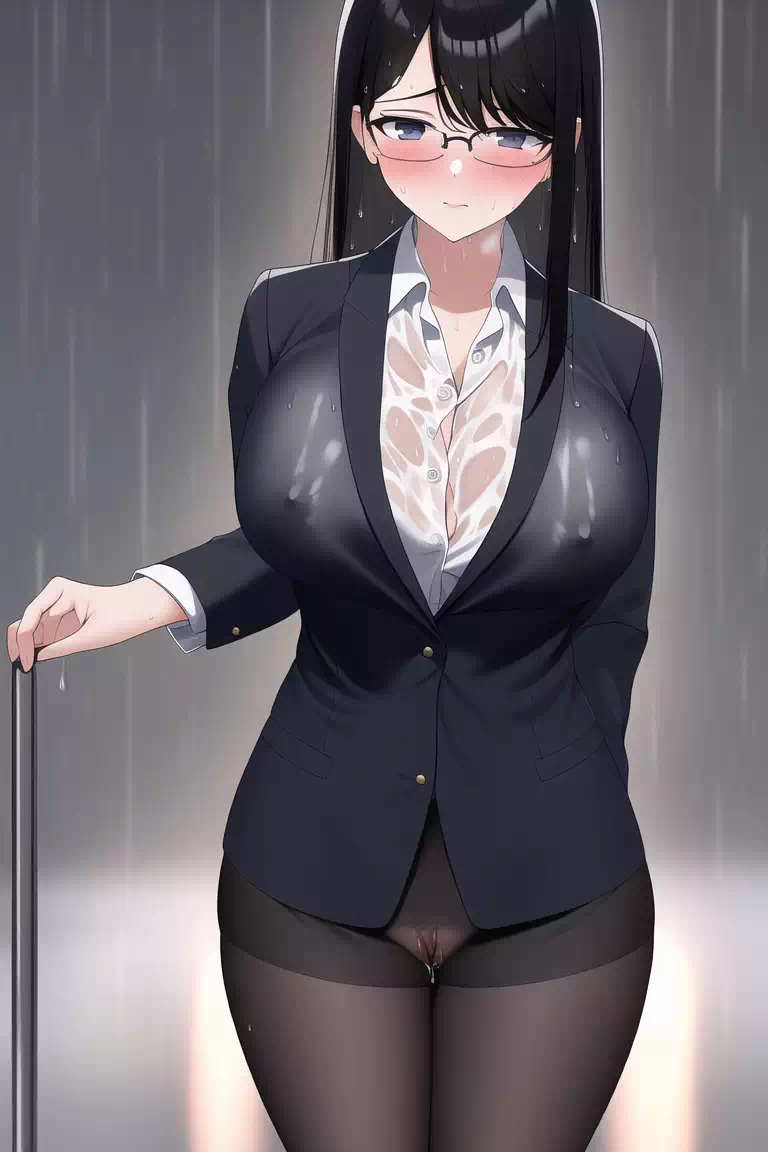 OL suit girl, in rain, wet shirt