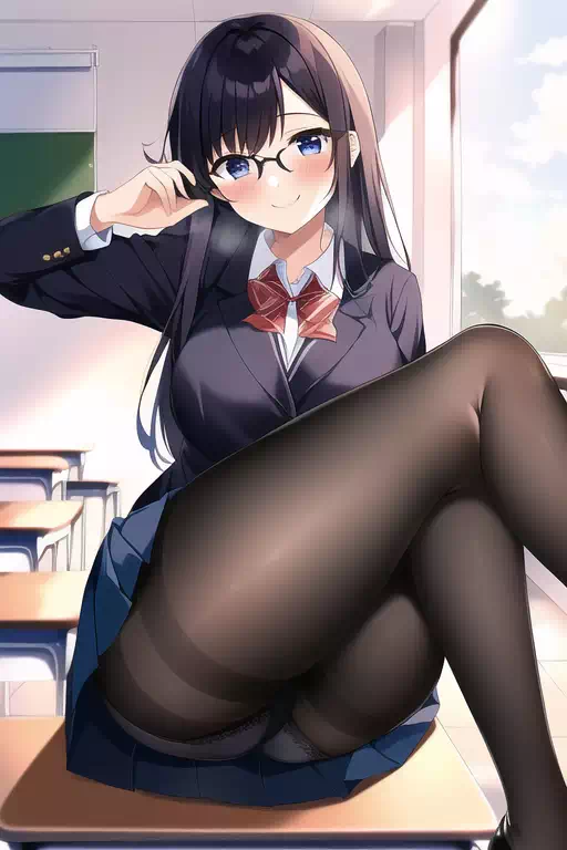 NovelAI メガネJKタイツ越しパンツ見せ（＋ニーハイ）