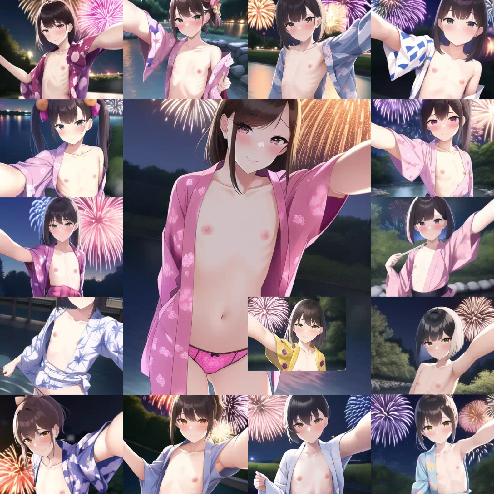 AIイラスト　花火大会で露出自撮りする貧乳お姉さん