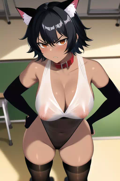 日焼け褐色ボサ髪ショートカット釣り目ボーイッシュ女に睨まれる画像