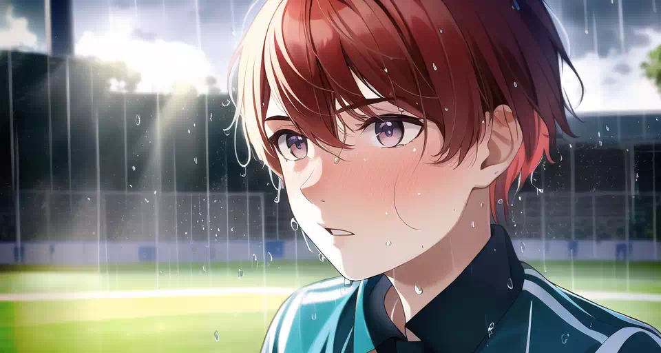 雨にうたれるサッカー少年