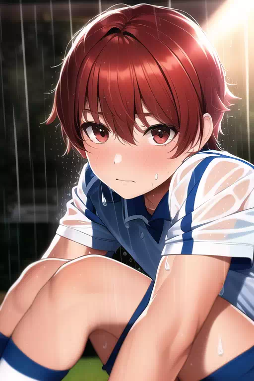 雨にうたれるサッカー少年