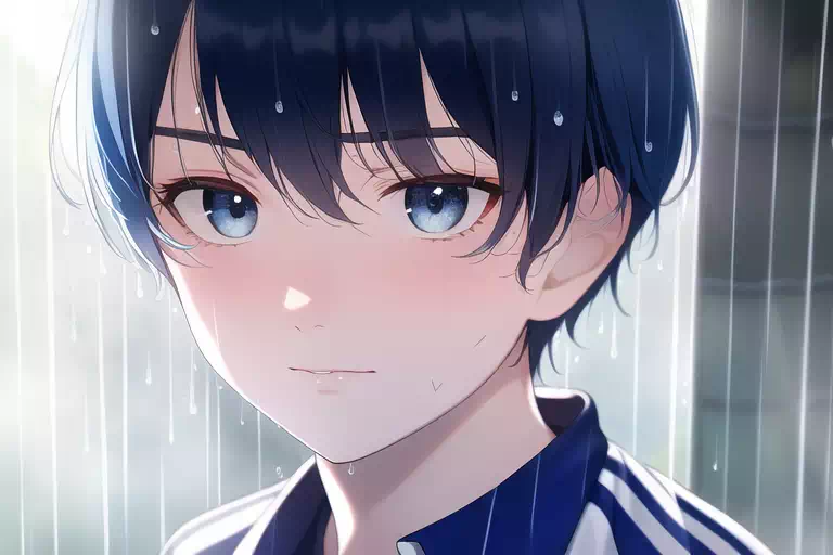 雨にうたれるサッカー少年