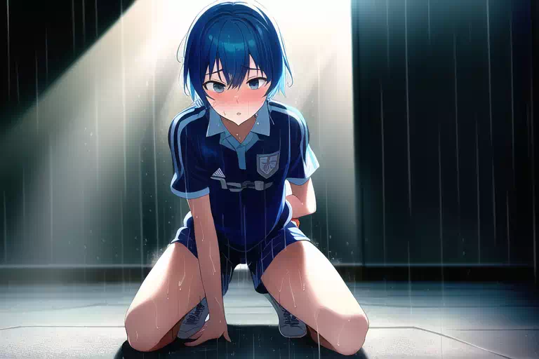 雨にうたれるサッカー少年